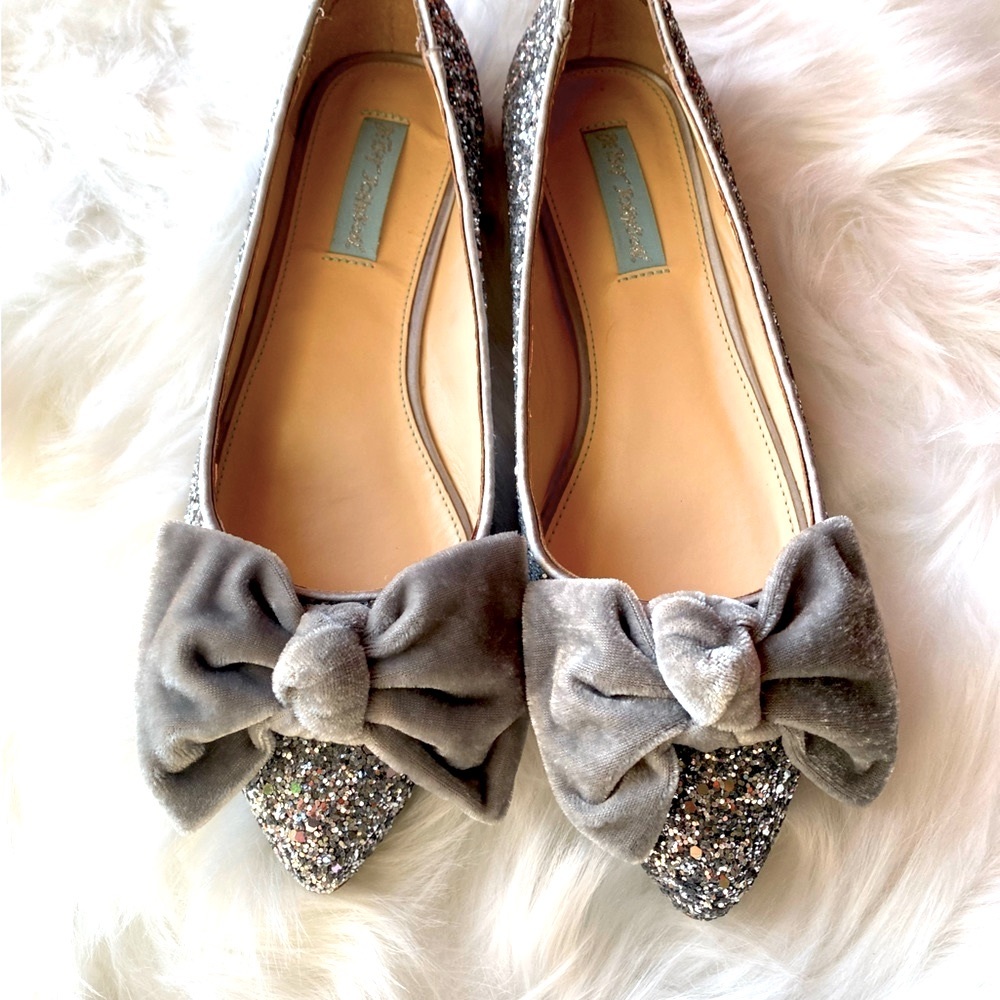 Betsey Johnson Bridal Flats Sparkly with Velvet Bow Amory